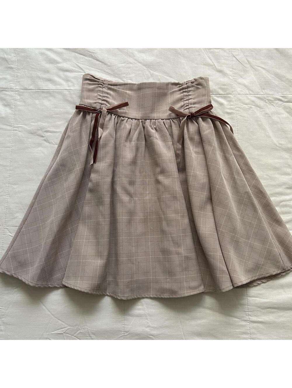 Ank Rouge Plaid High Waist Skirt Ribbon Bows Taupe Brown Japan